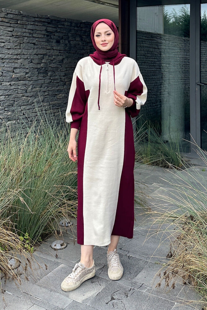 Parçalı Kapüşonlu Triko Elbise - Bordo - 4