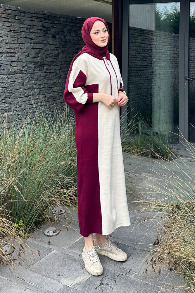 Parçalı Kapüşonlu Triko Elbise - Bordo - 2