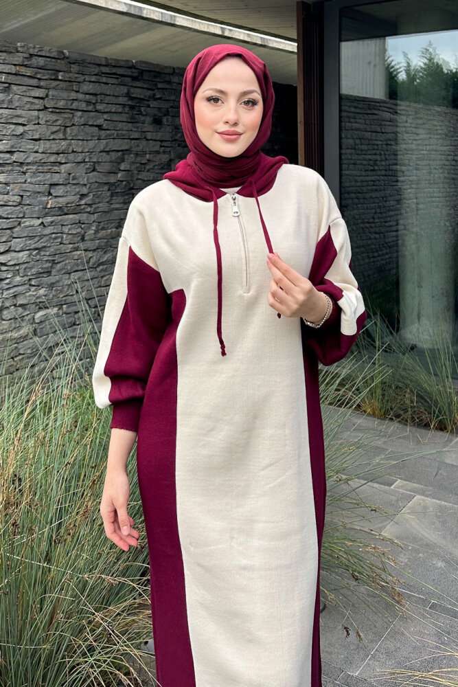 Parçalı Kapüşonlu Triko Elbise - Bordo - 5