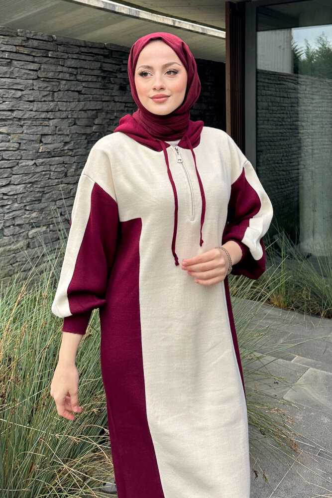 Parçalı Kapüşonlu Triko Elbise - Bordo - 6