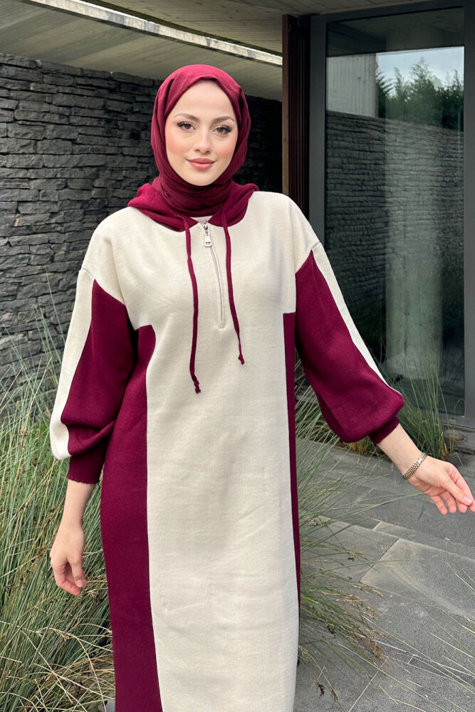 Parçalı Kapüşonlu Triko Elbise - Bordo - 8