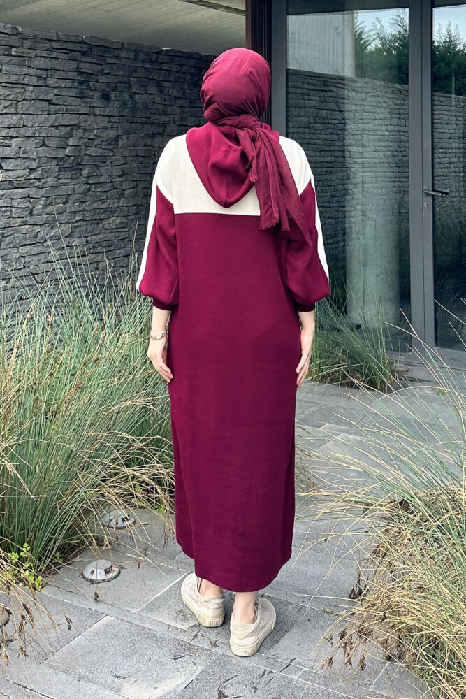 Parçalı Kapüşonlu Triko Elbise - Bordo - 7