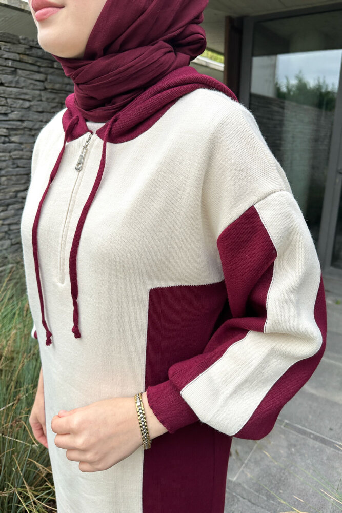 Parçalı Kapüşonlu Triko Elbise - Bordo - 3