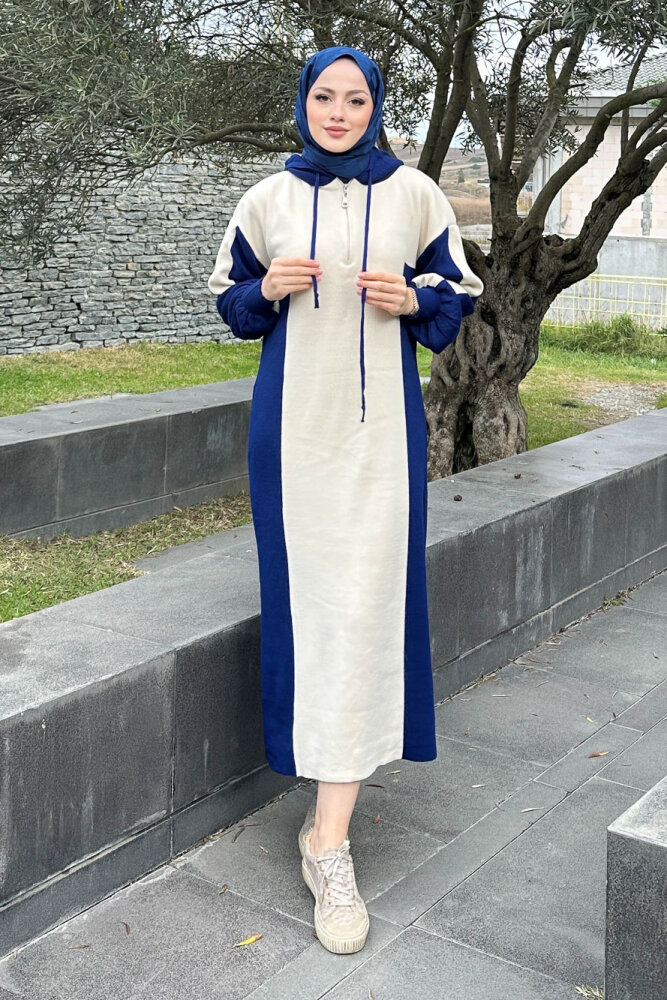 Parçalı Kapüşonlu Triko Elbise - Lacivert - QUB (2)