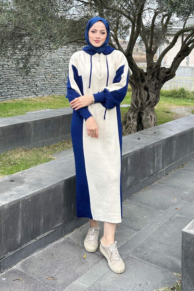 Parçalı Kapüşonlu Triko Elbise - Lacivert - QUB (4)