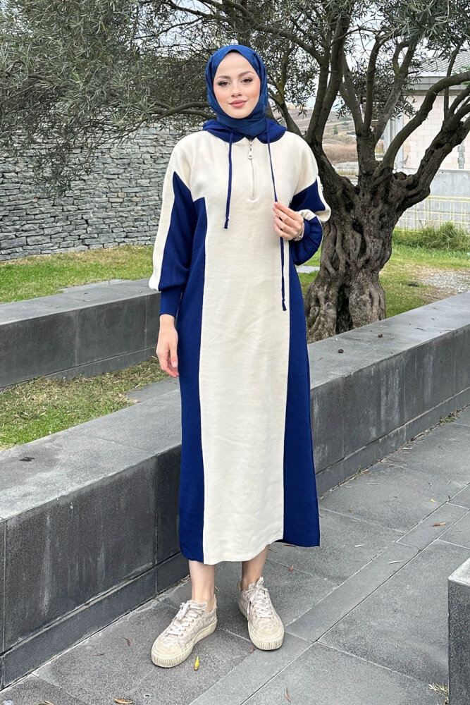 Parçalı Kapüşonlu Triko Elbise - Lacivert - 7
