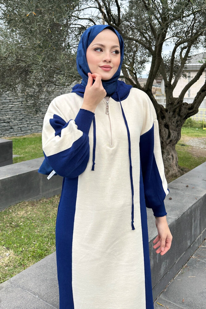 Parçalı Kapüşonlu Triko Elbise - Lacivert - 6