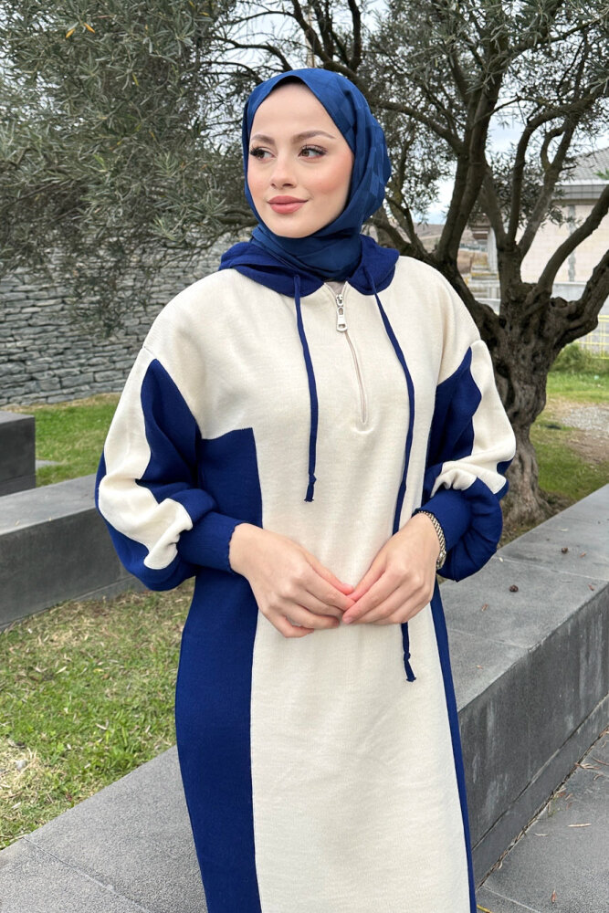 Parçalı Kapüşonlu Triko Elbise - Lacivert - QUB (1)