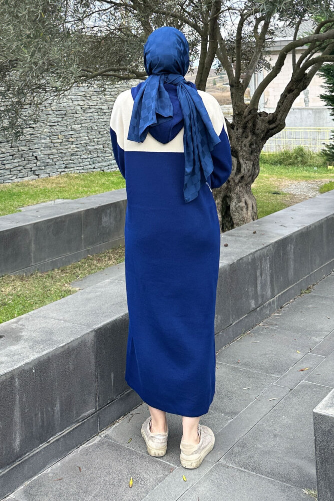 Parçalı Kapüşonlu Triko Elbise - Lacivert - 4
