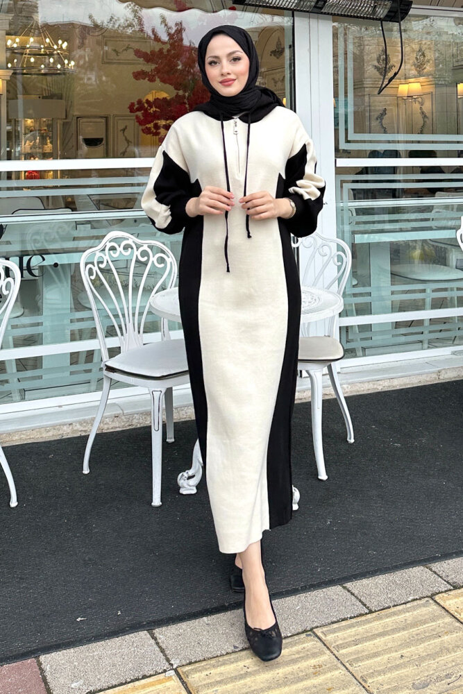 Parçalı Kapüşonlu Triko Elbise - Siyah - QUB (4)