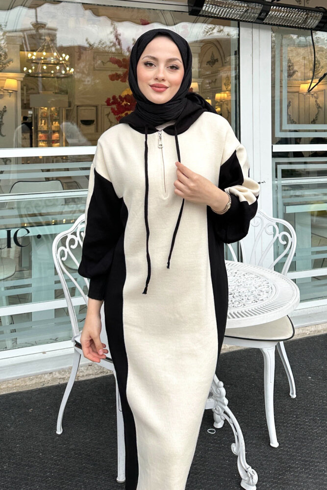 Parçalı Kapüşonlu Triko Elbise - Siyah - QUB (5)