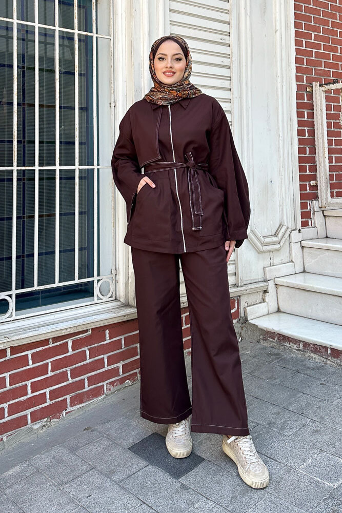 Pelerinli Gabardin Takım - Kahverengi - ENMA (4)