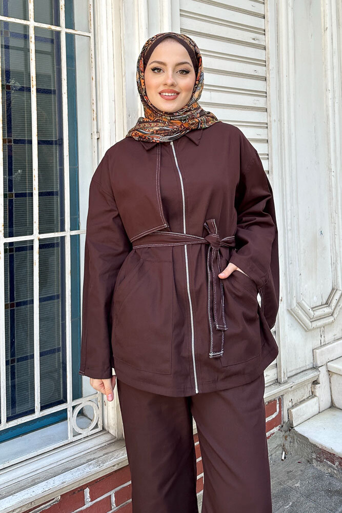 Pelerinli Gabardin Takım - Kahverengi - 6