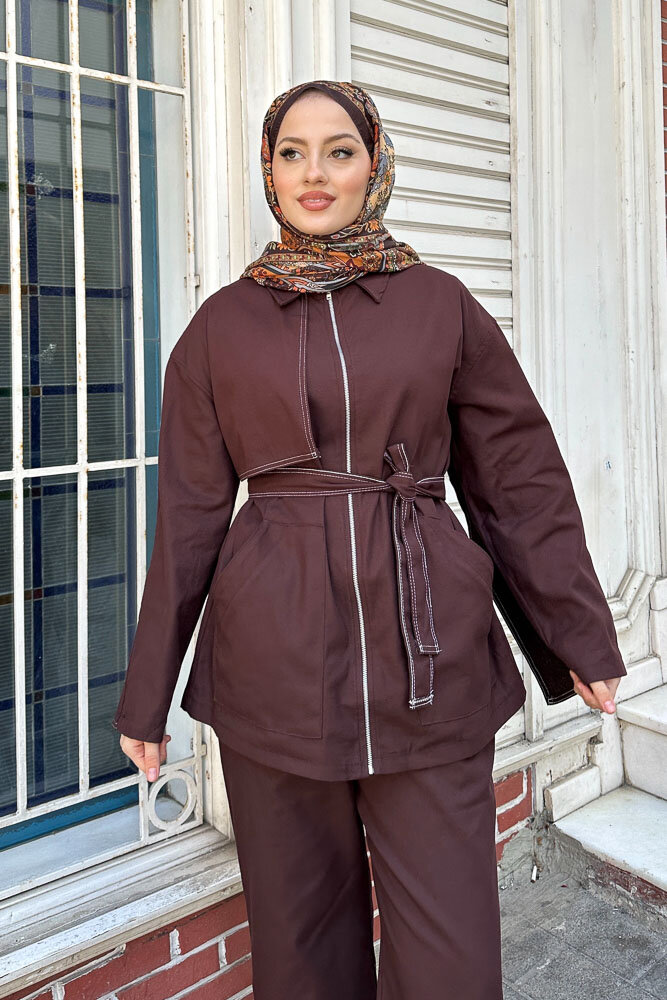 Pelerinli Gabardin Takım - Kahverengi - 3