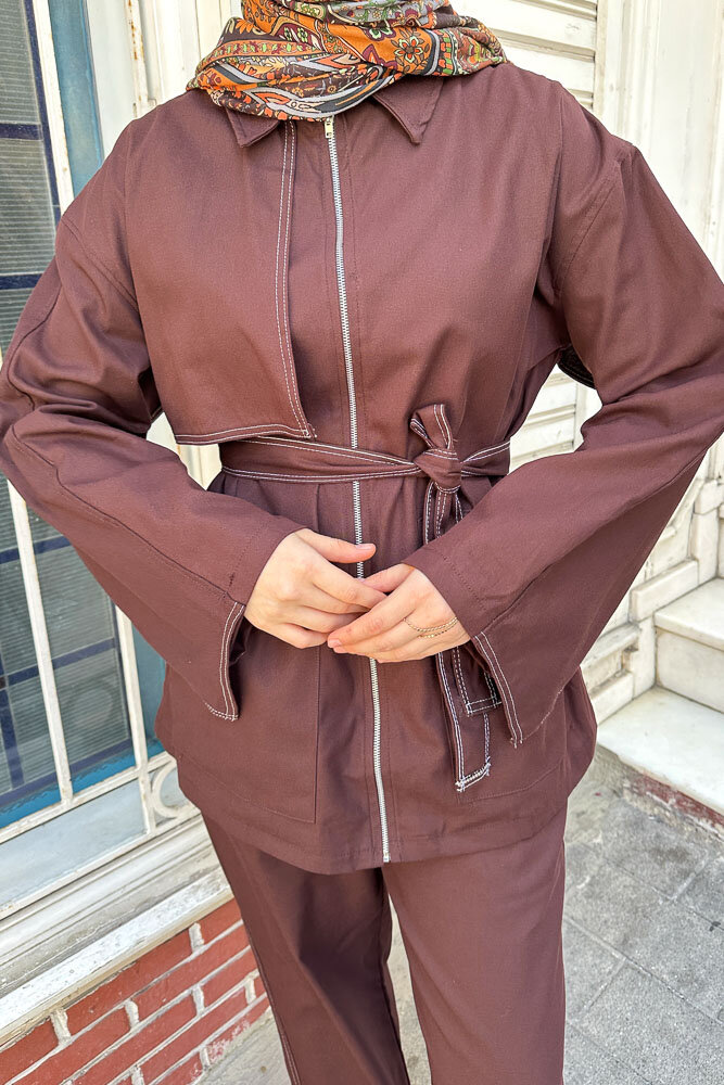 Pelerinli Gabardin Takım - Kahverengi - ENMA (3)