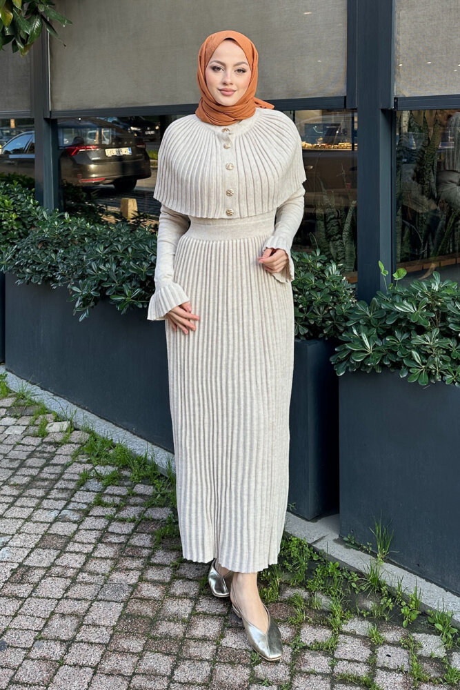 Pelerinli İki Parça Triko Elbise - Bej - 5