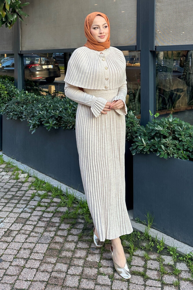 Pelerinli İki Parça Triko Elbise - Bej - 8