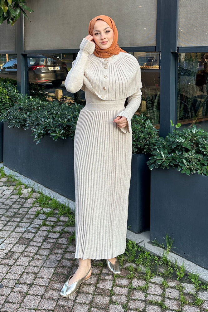 Pelerinli İki Parça Triko Elbise - Bej - QUB (5)