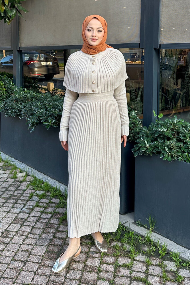 Pelerinli İki Parça Triko Elbise - Bej - 1