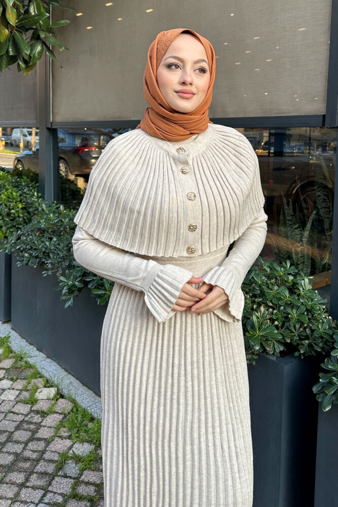 Pelerinli İki Parça Triko Elbise - Bej - 7