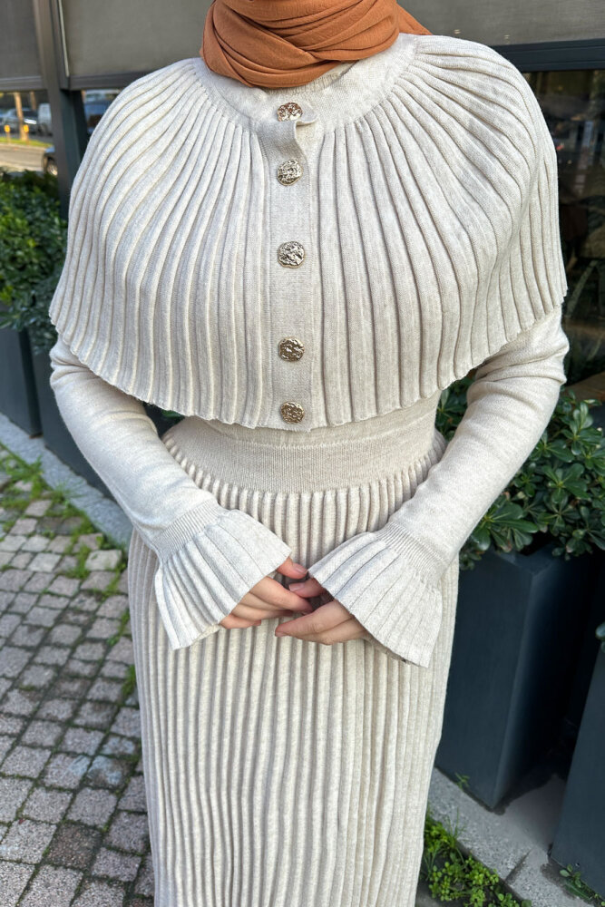 Pelerinli İki Parça Triko Elbise - Bej - 3