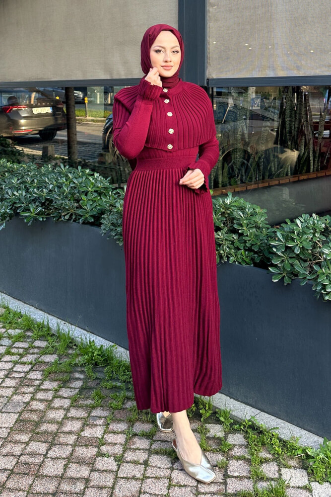 Pelerinli İki Parça Triko Elbise - Bordo - 1
