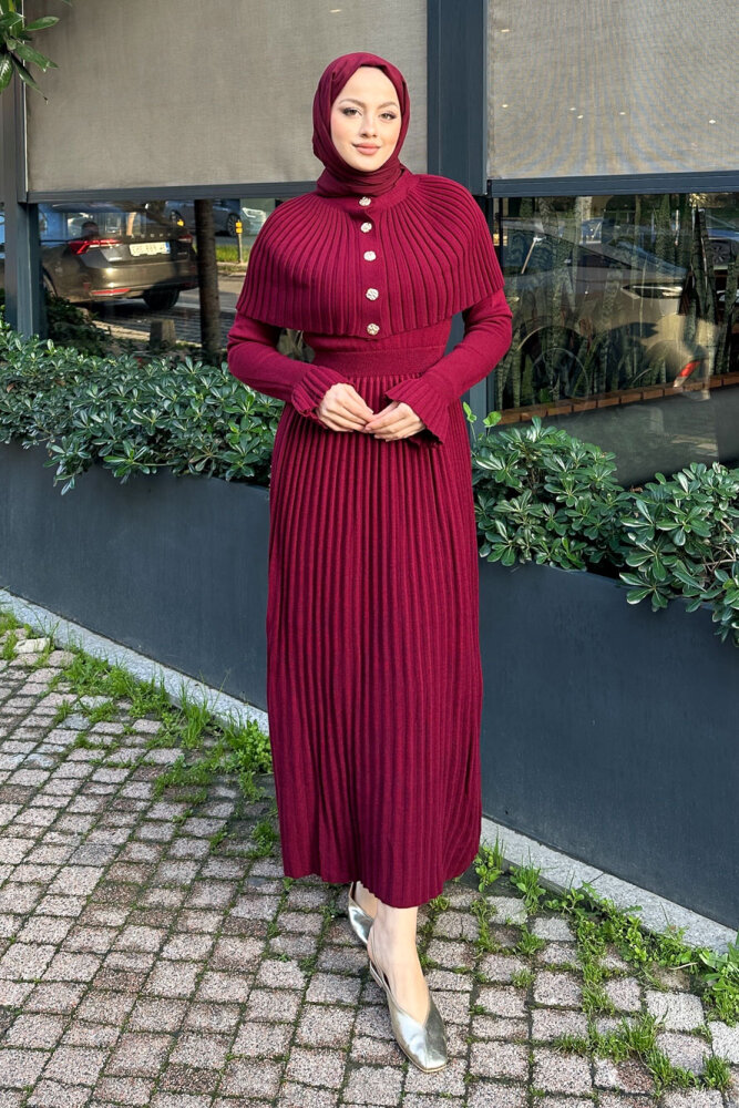 Pelerinli İki Parça Triko Elbise - Bordo - 4