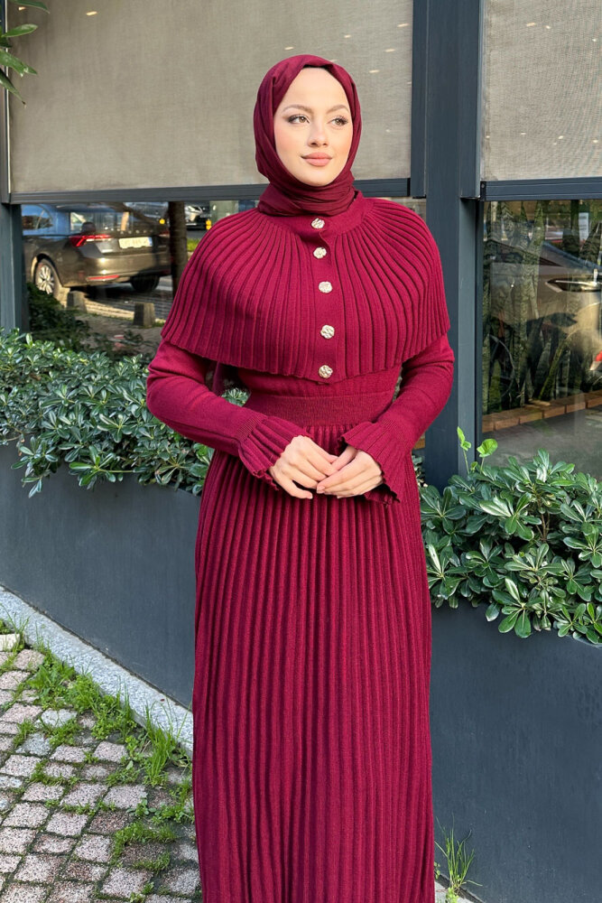 Pelerinli İki Parça Triko Elbise - Bordo - 5