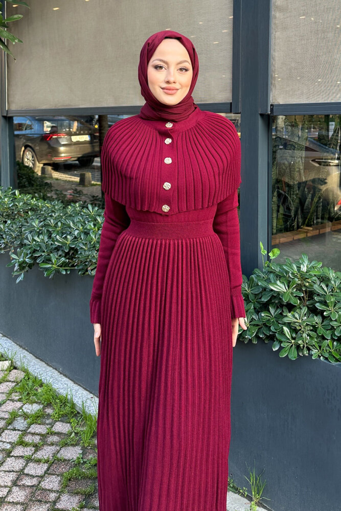 Pelerinli İki Parça Triko Elbise - Bordo - 3