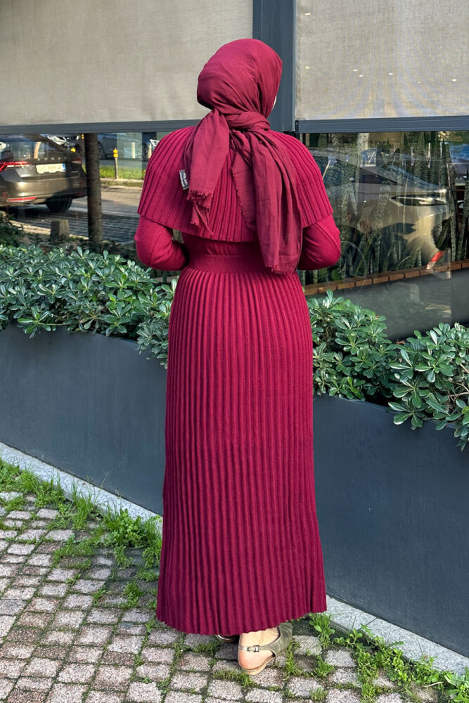Pelerinli İki Parça Triko Elbise - Bordo - QUB (5)