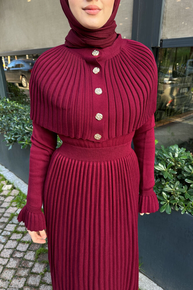 Pelerinli İki Parça Triko Elbise - Bordo - QUB (1)
