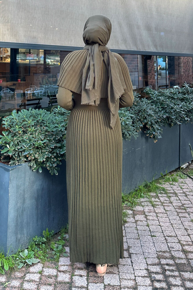 Pelerinli İki Parça Triko Elbise - Haki - 8