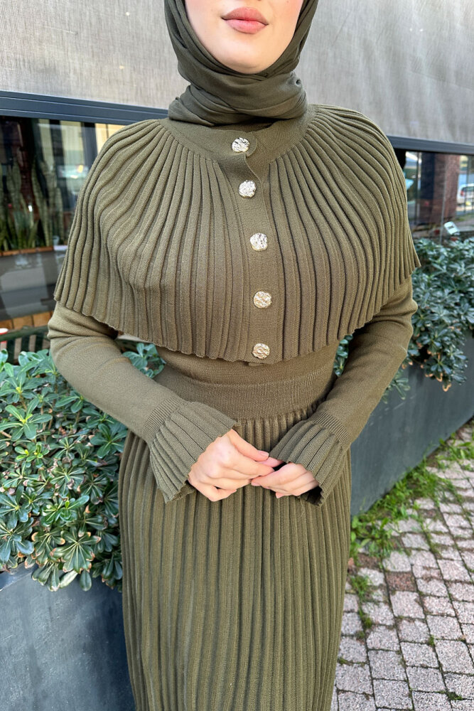 Pelerinli İki Parça Triko Elbise - Haki - 7