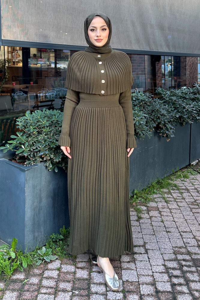 Pelerinli İki Parça Triko Elbise - Haki - 1