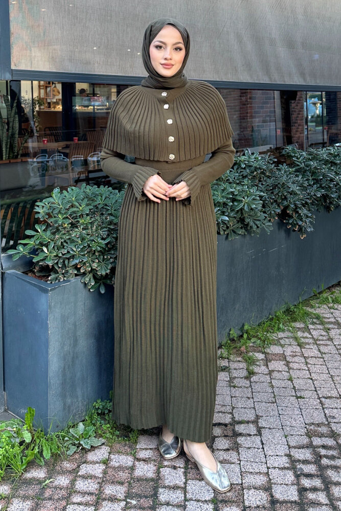 Pelerinli İki Parça Triko Elbise - Haki - 4