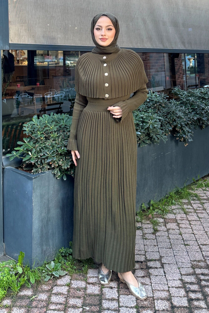 Pelerinli İki Parça Triko Elbise - Haki - 9