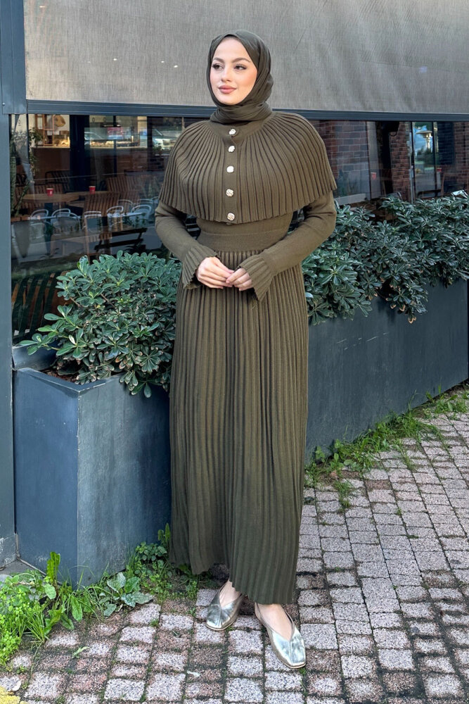 Pelerinli İki Parça Triko Elbise - Haki - 6
