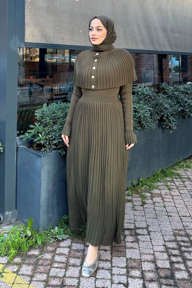 Pelerinli İki Parça Triko Elbise - Haki - QUB (2)