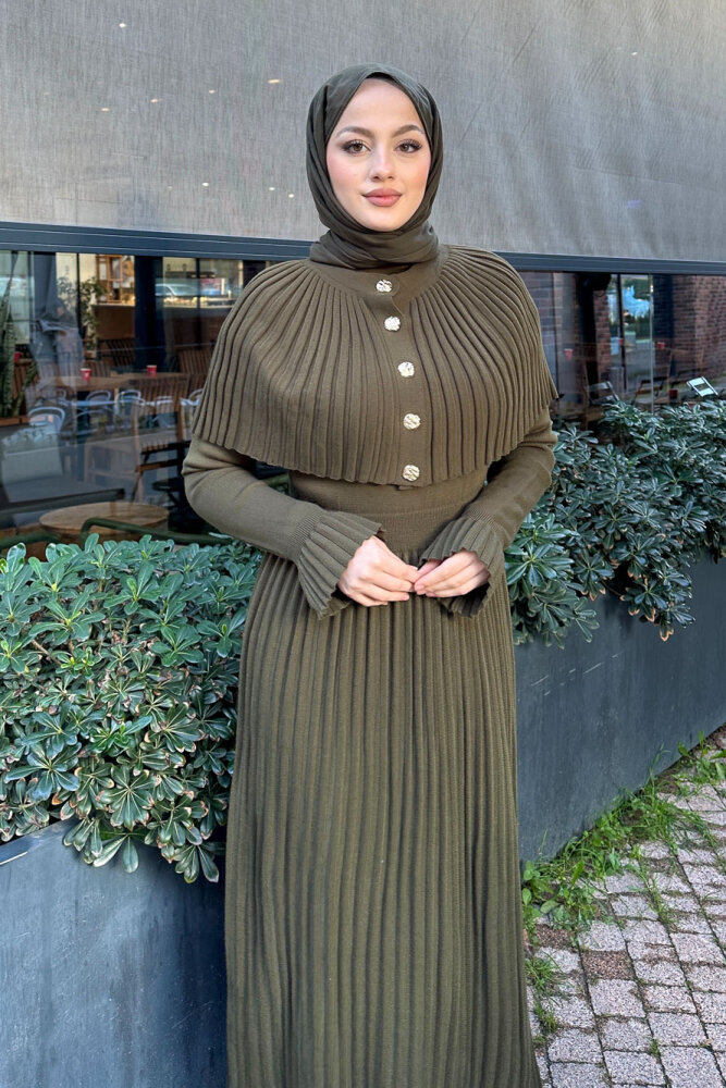 Pelerinli İki Parça Triko Elbise - Haki - 5