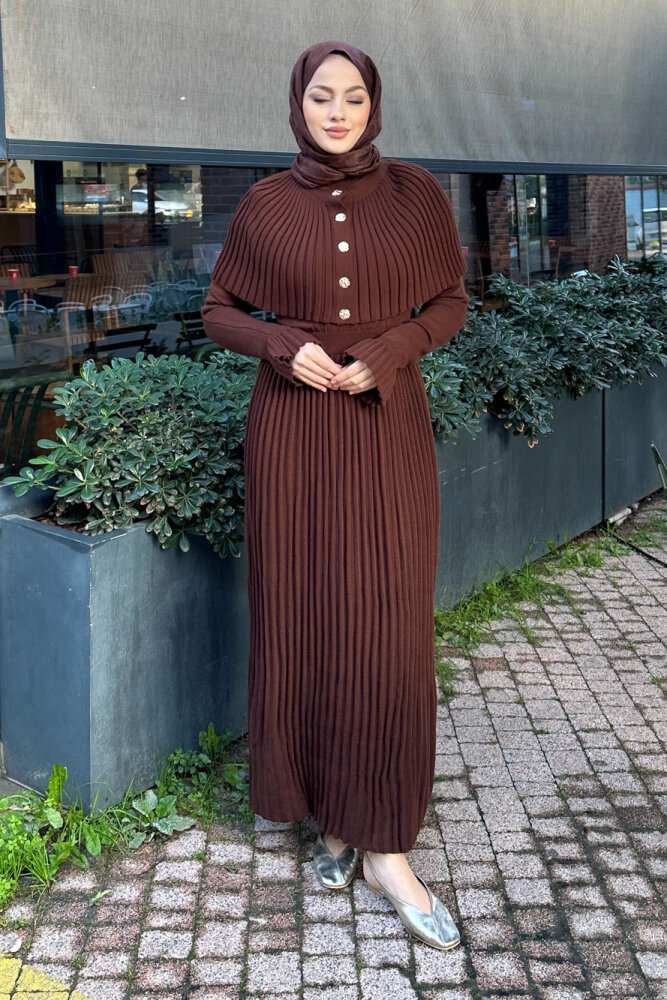 Pelerinli İki Parça Triko Elbise - Kahverengi - 2
