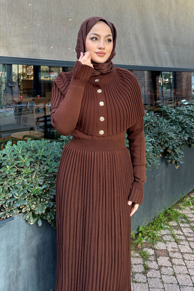 Pelerinli İki Parça Triko Elbise - Kahverengi - 5