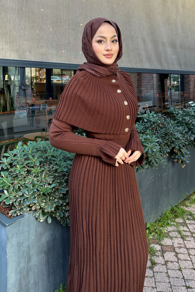 Pelerinli İki Parça Triko Elbise - Kahverengi - 1