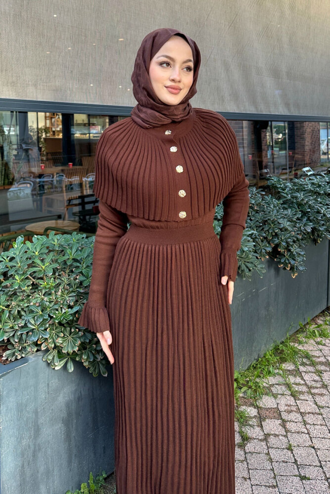 Pelerinli İki Parça Triko Elbise - Kahverengi - 3