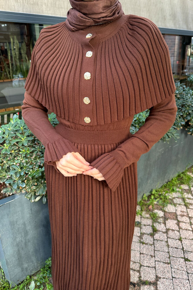 Pelerinli İki Parça Triko Elbise - Kahverengi - 6