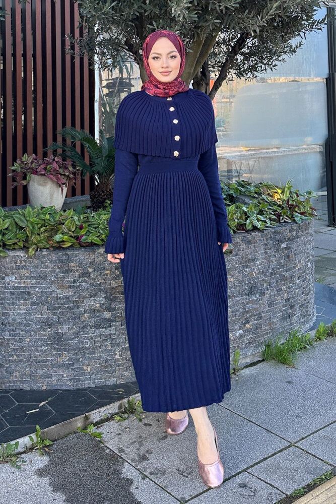 Pelerinli İki Parça Triko Elbise - Lacivert - 4