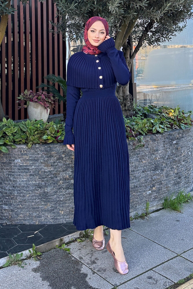 Pelerinli İki Parça Triko Elbise - Lacivert - 1