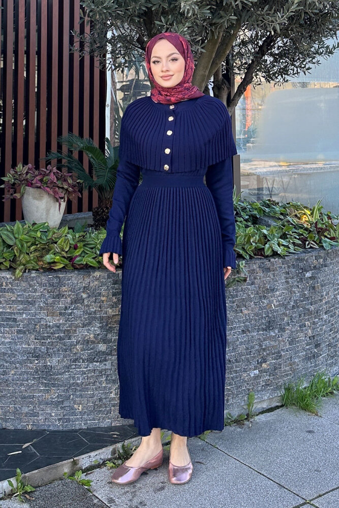 Pelerinli İki Parça Triko Elbise - Lacivert - QUB (5)