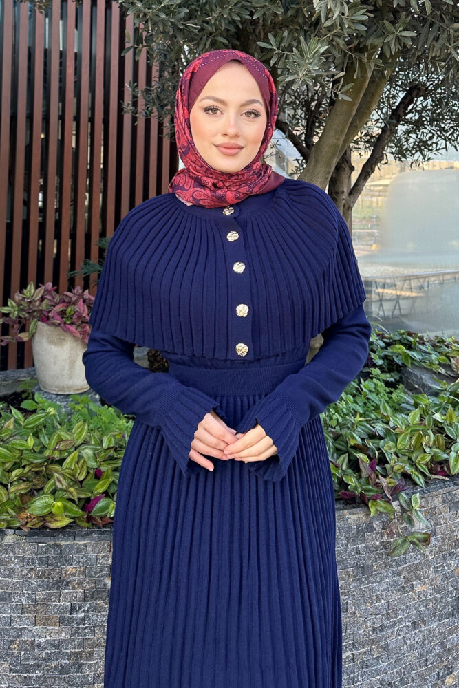 Pelerinli İki Parça Triko Elbise - Lacivert - 7