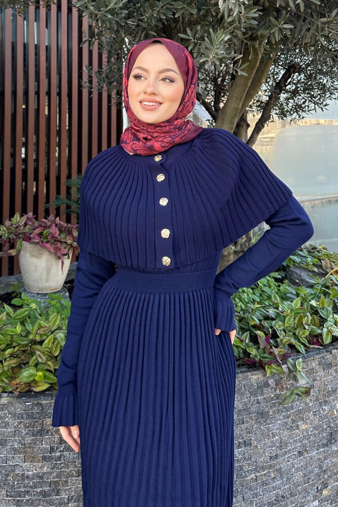 Pelerinli İki Parça Triko Elbise - Lacivert - QUB (4)