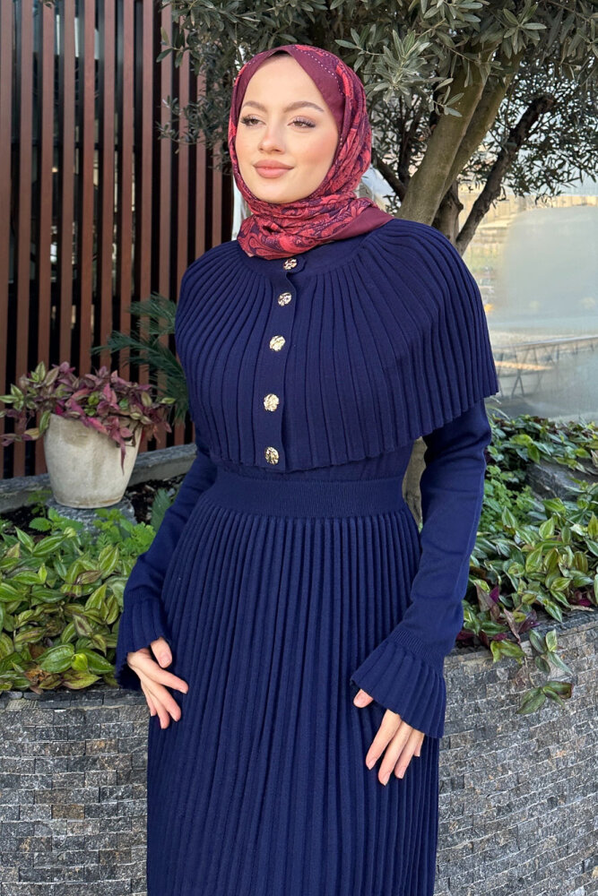 Pelerinli İki Parça Triko Elbise - Lacivert - QUB (1)